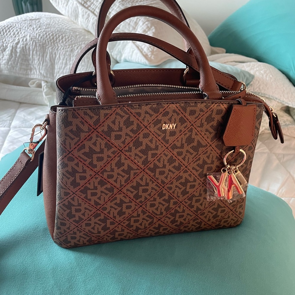 DKNY Brown Monogram Satchel with Gold Hardware